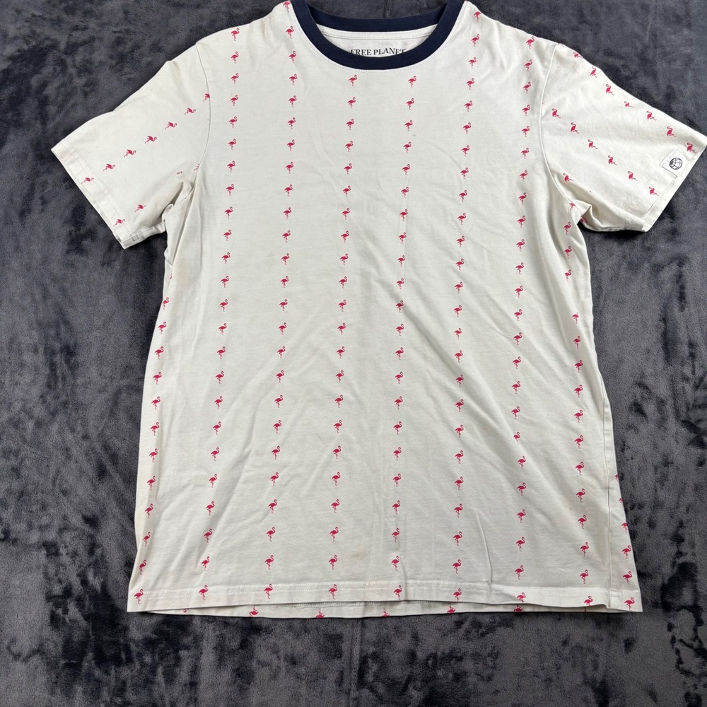 Free Planet T-Shirt Mens Small Cream Flamingo Print Short Sleeve Crew Neck